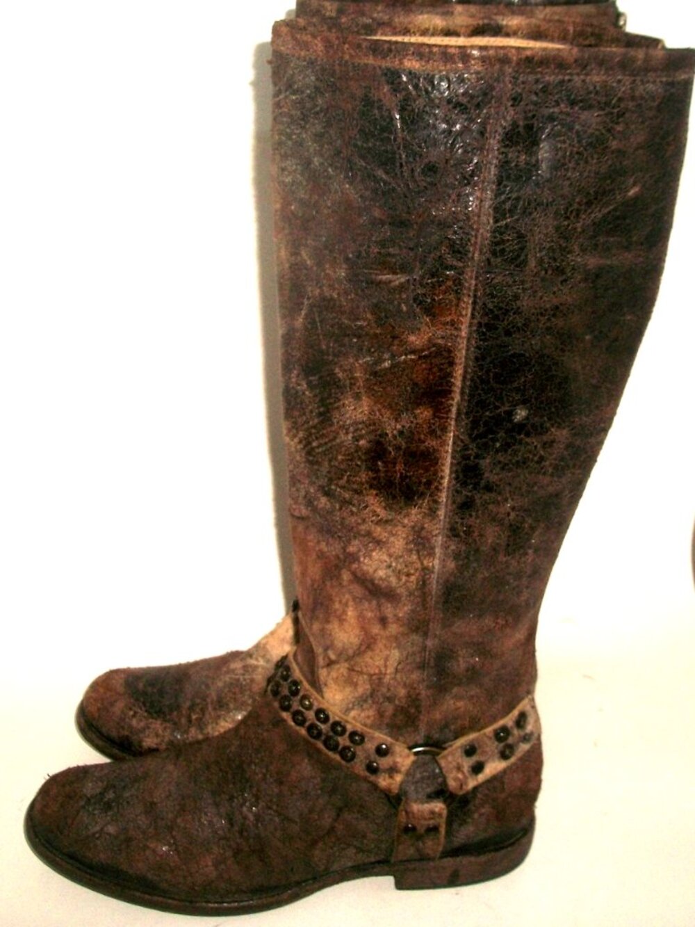 John Frye Tall Rear-Zip Distressed Brown Leather Studded Harness Boots 10M